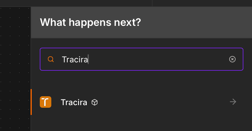Searching for the Tracira node in the n8n editor