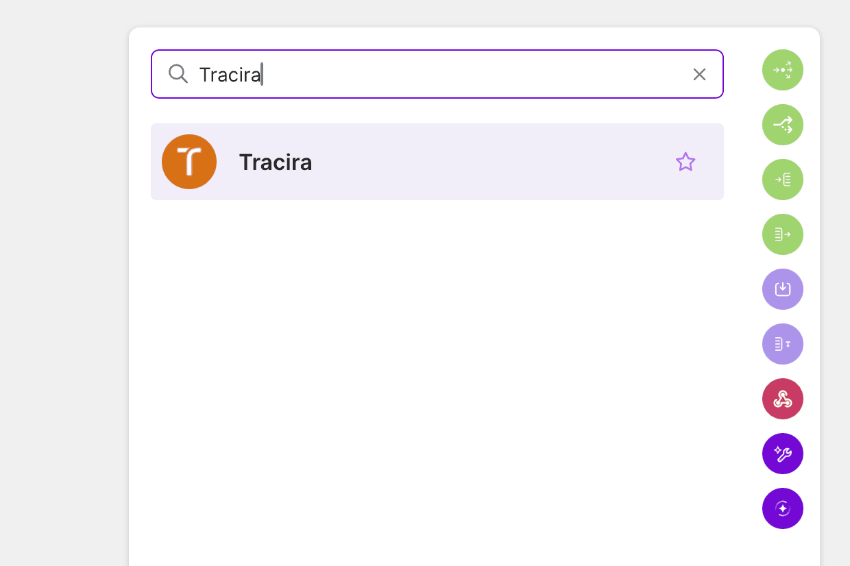 Searching for the Tracira app in the Make scenario editor